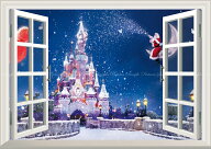 絵画風 壁紙ポスター (はがせるシール式) -窓の景色- ディズニーワールドの雪景色 サンタクロースとシン…