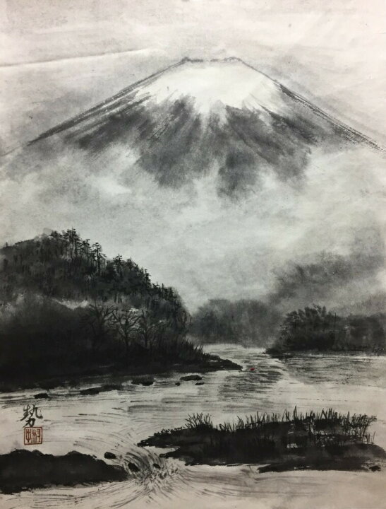 楽天市場 絵画風 壁紙ポスター はがせるシール式 霧富士と渓流 富士山 水墨画 墨彩画 キャラクロ K Sbsm 002s1 585mm 770mm 日本製 ウォールステッカー お風呂ポスター レアルインターショップ
