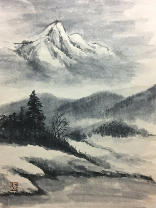 楽天市場 絵画風 壁紙ポスター はがせるシール式 木曽御岳山 水墨画 墨彩画 キャラクロ K Sbsm 007s2 446mm 594mm 建築用 壁紙 耐候性塗料 インテリア レアルインターショップ
