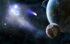絵画風 壁紙ポスター (はがせるシール式) 宇宙の惑星と彗星 流れ星 天体 神秘 癒し パワー キャラクロ SPC-008W1 (ワイド版 921mm×576mm) ＜日本製＞ ウォールステッカー お風呂ポスター