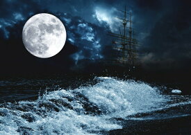 絵画風 壁紙ポスター (はがせるシール式) 満月 スーパームーン Super Luna 帆船と波 天体 神秘 癒し キャラクロ MON-010A1 (A1版 830mm×585mm) ＜日本製＞ ウォールステッカー お風呂ポスター