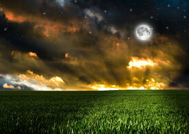 絵画風 壁紙ポスター (はがせるシール式) 幻想的な夕焼雲と星空のスーパームーン 草原 月 満月 ムーンライト 神秘 癒し キャラクロ MON-019A1 (A1版 830mm×585mm) ＜日本製＞ ウォールステッカー お風呂ポスター