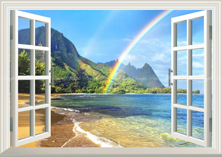 楽天市場 絵画風 壁紙ポスター はがせるシール式 窓の景色 南国の島とビーチと虹 ハワイ 波 レインボー 窓仕様 トリックアート キャラクロ Srbw 004ma2 版 594mm 4mm 日本製 ウォールステッカー お風呂ポスター レアルインターショップ