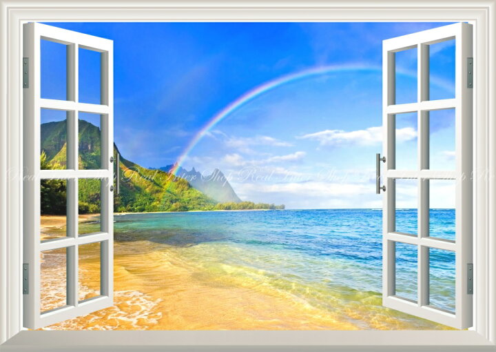 楽天市場 絵画風 壁紙ポスター はがせるシール式 窓の景色 南国の島とビーチと虹のハーモニー ハワイ 波 虹 レインボー 海 窓仕様 トリックアート キャラクロ Srbw 008ma2 版 594mm 4mm 建築用壁紙 耐候性塗料 インテリア レアルインターショップ
