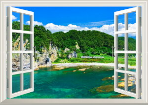 絵画風 壁紙ポスター (はがせるシール式) -窓の景色- -地球の撮り方- 碧い海と奇岩の五能線の絶景 青森県 【窓仕様/トリックアート】 キャラクロ C-ZJP-083MA1 (A1版 830mm×585mm) <日本製> ウォ