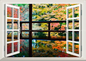 絵画風 壁紙ポスター (はがせるシール式) -窓の景色- -地球の撮り方- 滋賀の紅葉の名勝、旧竹林院の庭園とリフレクション 【窓仕様/トリックアート】 キャラクロ C-ZJP-115MA1 (A1版 830mm×585mm)