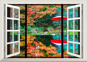 絵画風 壁紙ポスター (はがせるシール式) -窓の景色- -地球の撮り方- 滋賀の紅葉の名勝、旧竹林院の庭園とリフレクション 【窓仕様/トリックアート】 キャラクロ C-ZJP-117MA2 (A2版 594mm×420mm)