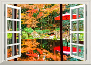 絵画風 壁紙ポスター (はがせるシール式) -窓の景色- -地球の撮り方- 滋賀の紅葉の名勝、旧竹林院の庭園とリフレクション 【窓仕様/トリックアート】 キャラクロ C-ZJP-118MA2 (A2版 594mm×420mm)