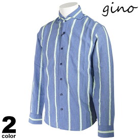 セール 70%OFF gino ジーノ 長袖 カジュアルシャツ メンズ 春夏 ストライプ 蛍光色 ロゴ 11-1003-02