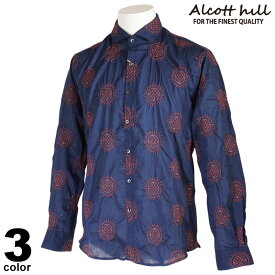 セール 30%OFF ALCOTT HILL アルコットヒル 長袖 カジュアルシャツ メンズ 春夏 刺繍 総柄 ロゴ 11-1002-10