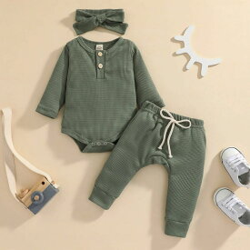 （60-100） くすみワッフル ロンパース パンツ セットアップ ロンパースセット 上下セット ベビー服 子供服 赤ちゃん 女の子 男の子 3点セット ベビー服 80サイズ 春夏 秋冬 ルームウェア パジャマ