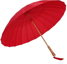 和傘 (赤 レッド) 和風 おしゃれ 軽い 24本骨 晴れ 雨 兼用 梅雨 対策 木製 手元 長傘 雨傘 番傘 紳士傘 耐風 撥水 グラスファイバー