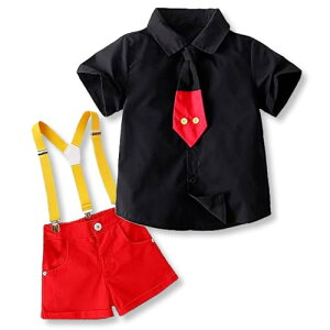 ミッキー風 キッズ コーデ サスペンダー ネクタイ セットアップ 子供服 コスチューム おでかけ 半袖 記念写真 (100)