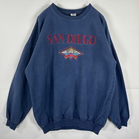 古着 90's/90年代 USA製 長袖 スウェット デザイン プリント 刺繍 crozu shirt クルーネック USA製 L ネイビー メンズ 【中古】