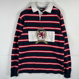 古着 トミーヒルフィガー TOMMY HILFIGER 長袖シャツ ラガーシャツ ビッグロゴ 刺繍 トミージーンズ M ネイビー ボーダー メンズ 【中古】