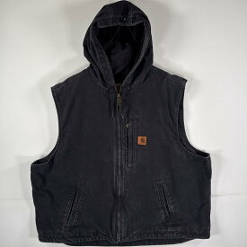 古着 カーハート Carhartt ダック ベスト フード付き ワンポイントロゴ 背面ワンポイント刺繍 ビッグサイズ XXL ブラック メンズ 【中古】