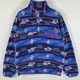 古着 パタゴニア patagonia フリースジャケット シンチラ ハーフボタン フラップポケット ワンポイントロゴ S ブルー系 総柄 レディース 【中古】