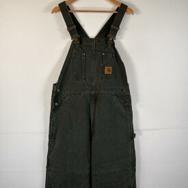 古着 カーハート Carhartt USA製 オーバーオール ダック ワンポイントロゴ ワーク ダブルニー 大きいサイズ キルティングライナー 36x32 カーキ系 メンズ 【中古】