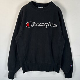 古着 チャンピオン Champion スウェット リバースウィーブ 復刻 クルーネック ビッグロゴワッペン トレーナー SMALL ブラック メンズ 【中古】