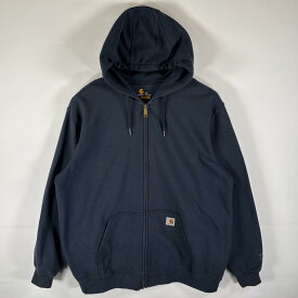 古着 カーハート Carhartt パーカー フルジップ スウェット フーディ ワンポイントロゴ 大きいサイズ XXL ネイビー系 メンズ 【中古】