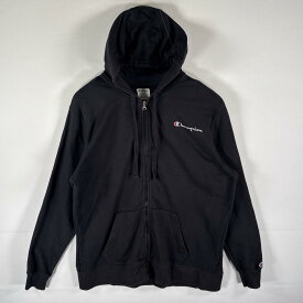 古着 チャンピオン Champion パーカー フルジップ スウェット フーディ ワンポイントロゴ刺繍 大きいサイズ XL ブラック メンズ 【中古】