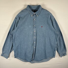 古着 ラルフローレン RALPH LAUREN デニムシャツ 長袖シャツ ボタンダウン ワンポイントロゴ刺繍 大きいサイズ XXL 水色系 メンズ 【中古】