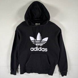 古着 アディダス adidas パーカー スウェット ビッグロゴプリント トレフォイルロゴ プルオーバー フーディ S ブラック メンズ 【中古】