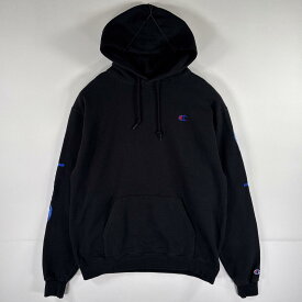 古着 チャンピオン Champion パーカー スウェット プルオーバー フーディ ワンポイントロゴ 袖ロゴプリント L ブラック メンズ 【中古】