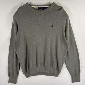 古着 ポロ・ラルフローレン POLO RALPH LAUREN コットンニットトレーナー クルーネック 前V ワンポイントロゴ L グレー メンズ 【中古】