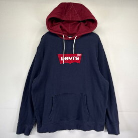 古着 リーバイス Levi's パーカー スウェット 大きいサイズ ワッペン プルオーバー 刺繍 フーディ XL ネイビー メンズ 【中古】