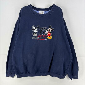 古着 ディズニー Disney スウェット プルオーバー クルーネック ロゴ 刺繍 ミッキーマウス 大きいサイズ 2XL ネイビー プリント メンズ 【中古】