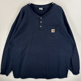 古着 カーハート Carhartt 長袖Tシャツ ワンポインロゴ 肉厚 ヘンリーネック 2XL ネイビー 無地 メンズ 【中古】