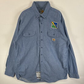古着 カーハート Carhartt 長袖シャツ ワンポイント ロゴ 耐火素材 フラップポケ ブルー系 無地 メンズ 【中古】