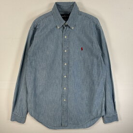 古着 90's/90年代 ラルフローレン RALPH LAUREN デニム 長袖シャツ ワンポイント ロゴ 刺繍 ボタンダウンシャツ CLASSIC FIT ブルー系 無地 メンズ 【中古】