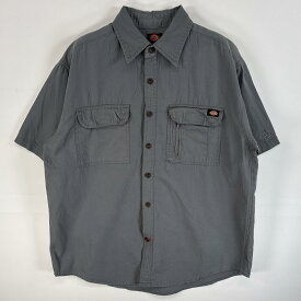 古着 ディッキーズ Dickies 半袖シャツ リップストップ ロゴ 刺繍 胸ポケ M グレー系 無地 メンズ 【中古】
