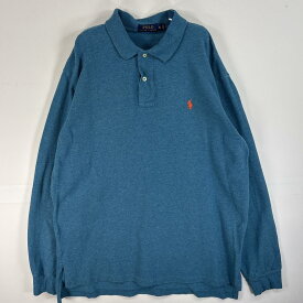 古着 ポロ・ラルフローレン POLO RALPH LAUREN 鹿の子 長袖 ポロシャツ ロゴ 刺繍 2ボタン 大きいサイズ XL ブルー 無地 メンズ 【中古】