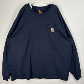 古着 カーハート Carhartt 長袖Tシャツ ワンポイント ロゴ 胸ポケ 大きいサイズ 肉厚 2XL ネイビー 無地 メンズ 【中古】