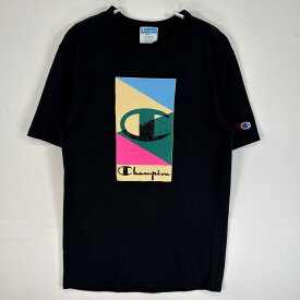 古着 チャンピオン Champion 半袖Tシャツ ラバープリント クルーネック 厚手 SMALL ブラック 無地 メンズ 【中古】