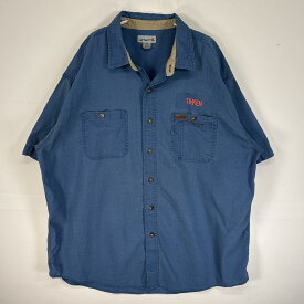 古着 カーハート Carhartt 半袖シャツ ワーク 作業着 大きいサイズ 肉厚 ワンポイント ロゴ 2XL ブルー系 無地 メンズ 【中古】
