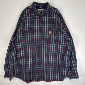 古着 カーハート Carhartt 長袖シャツ チェック ワンポイント ロゴ フラップポケ 大きいサイズ 肉厚 2XL ネイビー系 マルチカラー メンズ 【中古】