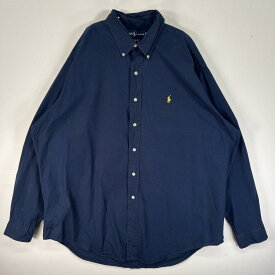 古着 ラルフローレン RALPH LAUREN 長袖シャツ ロゴ 刺繍 大きいサイズ ボタンダウン XL ネイビー 無地 メンズ 【中古】