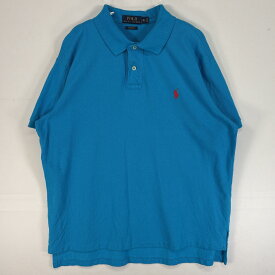 古着 ポロ・ラルフローレン POLO RALPH LAUREN 鹿の子 半袖 ポロシャツ ロゴ 刺繍 2ボタン XL ブルー系 無地 メンズ 【中古】