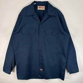 古着 90's/90年代 ディッキーズ Dickies 長袖シャツ ワンポイント ロゴ ワーク 作業着 フラップポケ 大きいサイズ USA製 L-XL ネイビー 無地 メンズ 【中古】