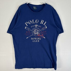 古着 90's/90年代 ポロバイラルフローレン Polo by Ralph Lauren 半袖Tシャツ プリント ロゴ クルーネック S ブルー 無地 メンズ 【中古】