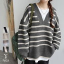 今だけクーポンで☆4,302円！ディープVネックボーダーニット(bel-eb-5096) レディース プルオーバー ニット セーター もちもち カジュアル シンプル 楽ちん たぽん袖 長袖 トップス 秋冬 reca レカ 宅配便発送 h