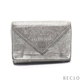 【エントリーでポイント10倍◎店舗限定11日1:59迄】バレンシアガ BALENCIAGA ペーパーミニウォレット コンパクトウォレット 三つ折り財布 レザー シルバー 391446 【中古】 送料無料 サイフ