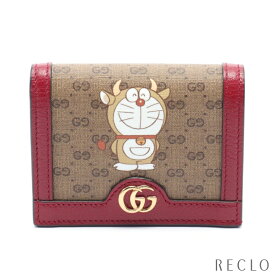 【エントリーでポイント10倍◎店舗限定11日1:59迄】グッチ GUCCI GUCCI × ドラえもん ミニGGスプリーム 二つ折り財布 コンパクトウォレット PVC レザー ブラウン レッド 654541【中古】