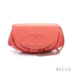 シャネル CHANEL ハーフムーン ココマーク チェーンウォレット キャビアスキン コーラルピンク シルバー金具 【中古】