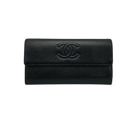 【中古】 CHANEL シャネル キャビアスキン ココマーク 長財布 ブラック D4