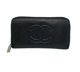【中古】 CHANEL シャネル キャビアスキン ラウンドファスナー長財布 ブラック D4
